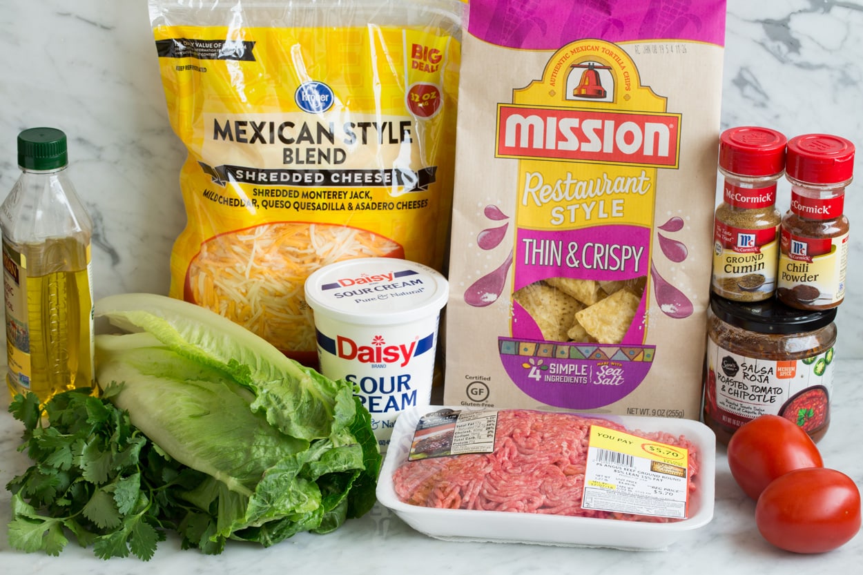Image showing ingredients needed for taco salad including ground beef, olive oil, spices, bottled salsa, chips, cheese, sour cream, tomatoes.