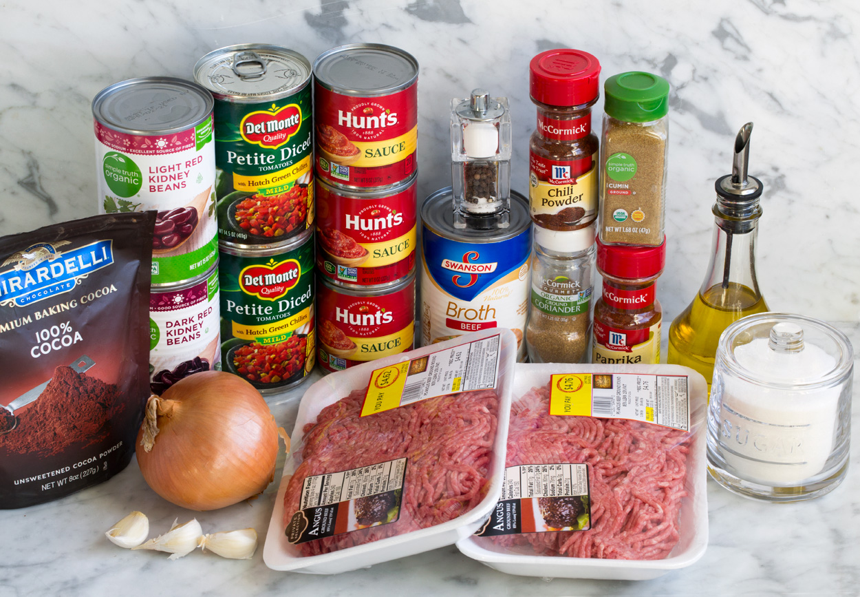 Ingredients needed to make chili shown here.