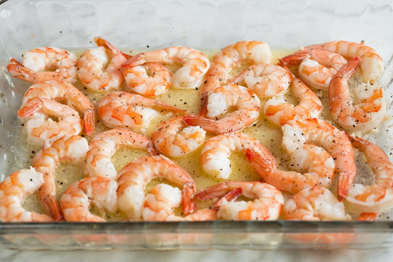 Baked Shrimp with Garlic Lemon Butter Sauce Shrimp after baking showing their pink color.