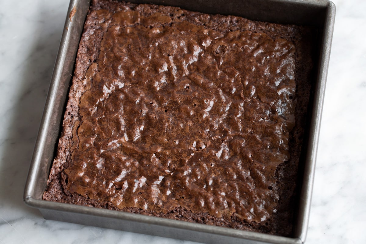 Brownies being baked in baking dish.