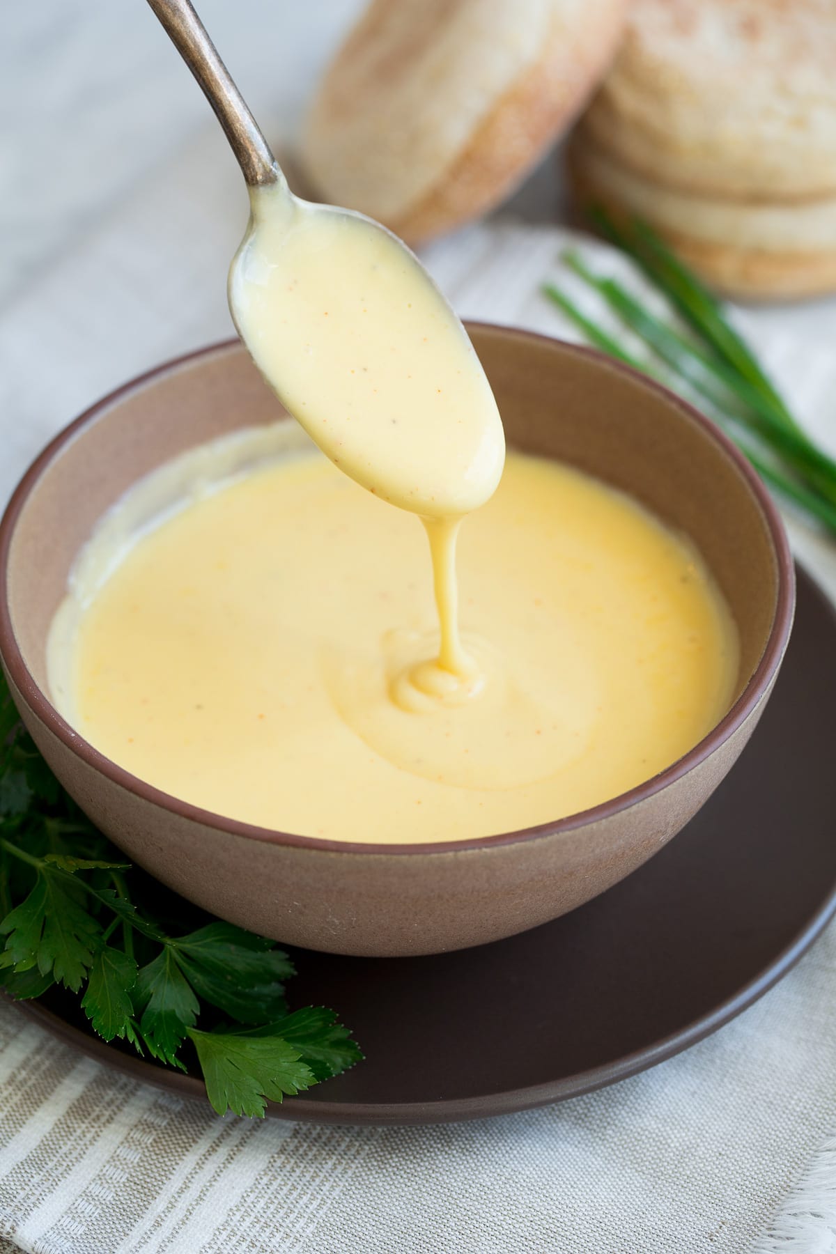 Hollandaise sauce in a serving bowl, made for eggs Benedict.