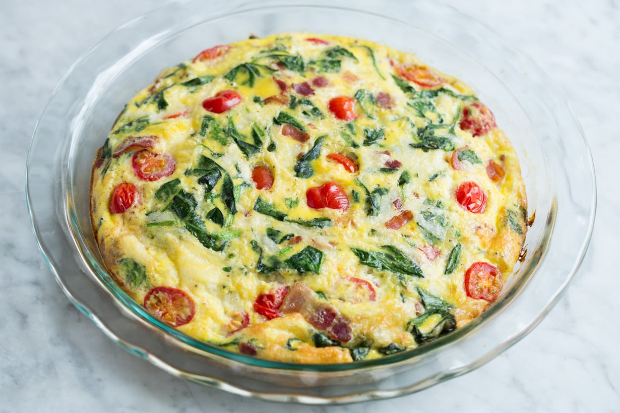 Frittata Recipe (Bacon, Spinach, Tomato and Swiss) Frittata shown baked and set.