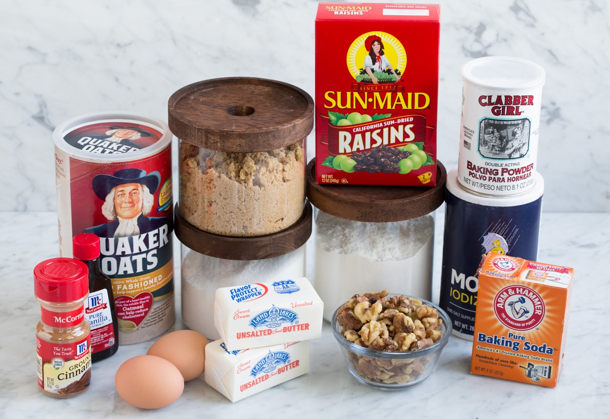 Ingredients needed to make oatmeal cookies shown here.