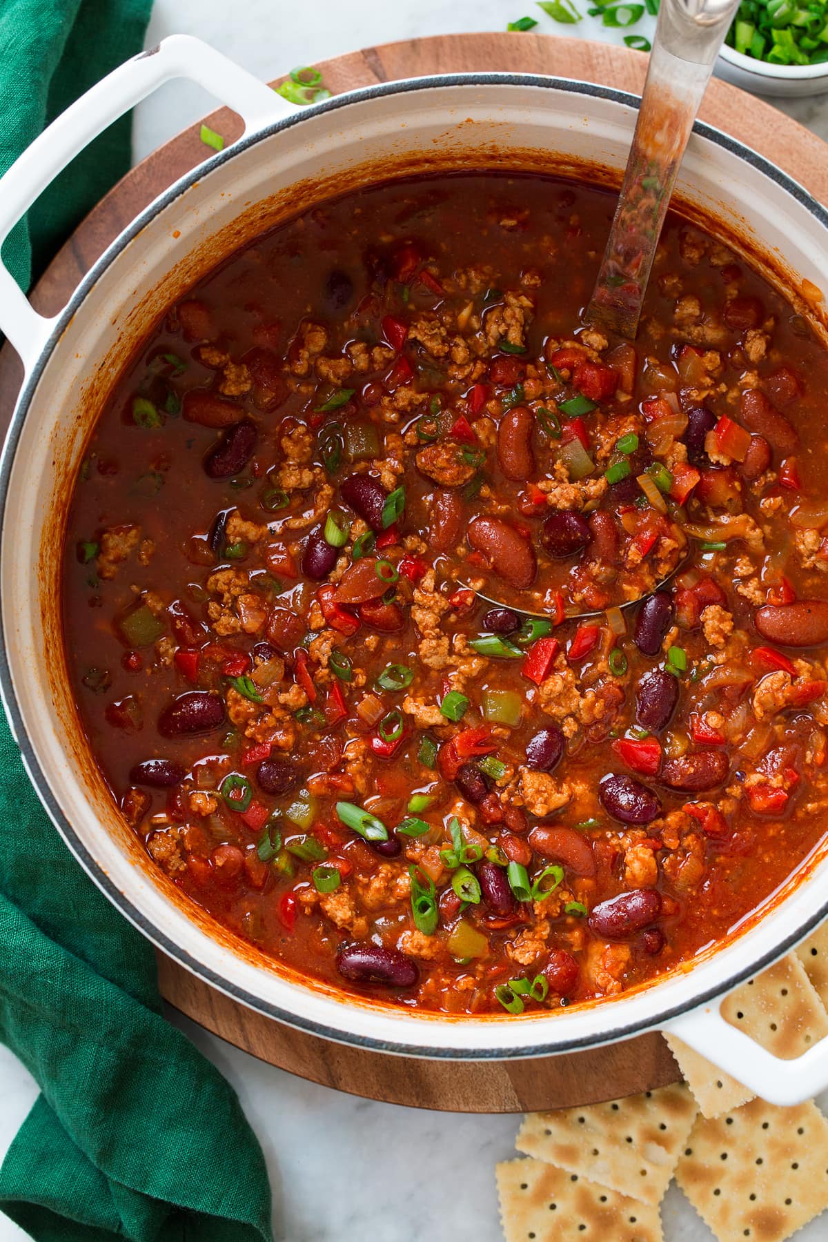 Overhead photo of turkey chili once finished in a pot.