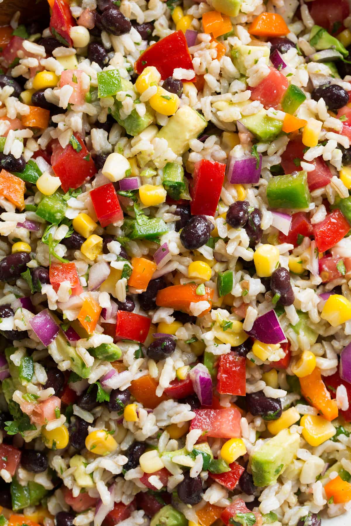 Close up image of rice with colorful vegetables and black beans.
