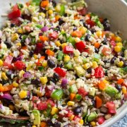 Fiesta rice recipe in a large white serving bowl.