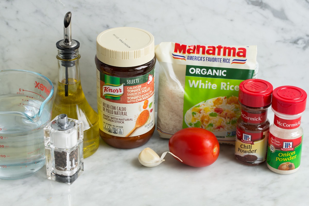 Ingredients needed to make Mexican Rice shown here.