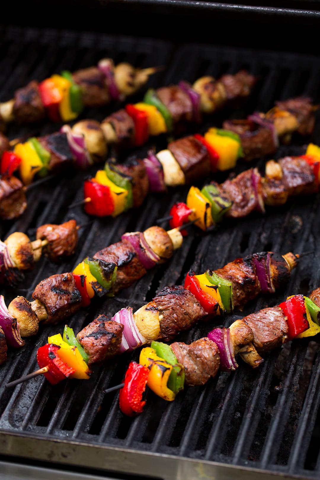 Steak skewers on the grill.