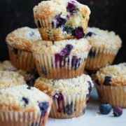 Stack of homemade blueberry muffins on a plate.