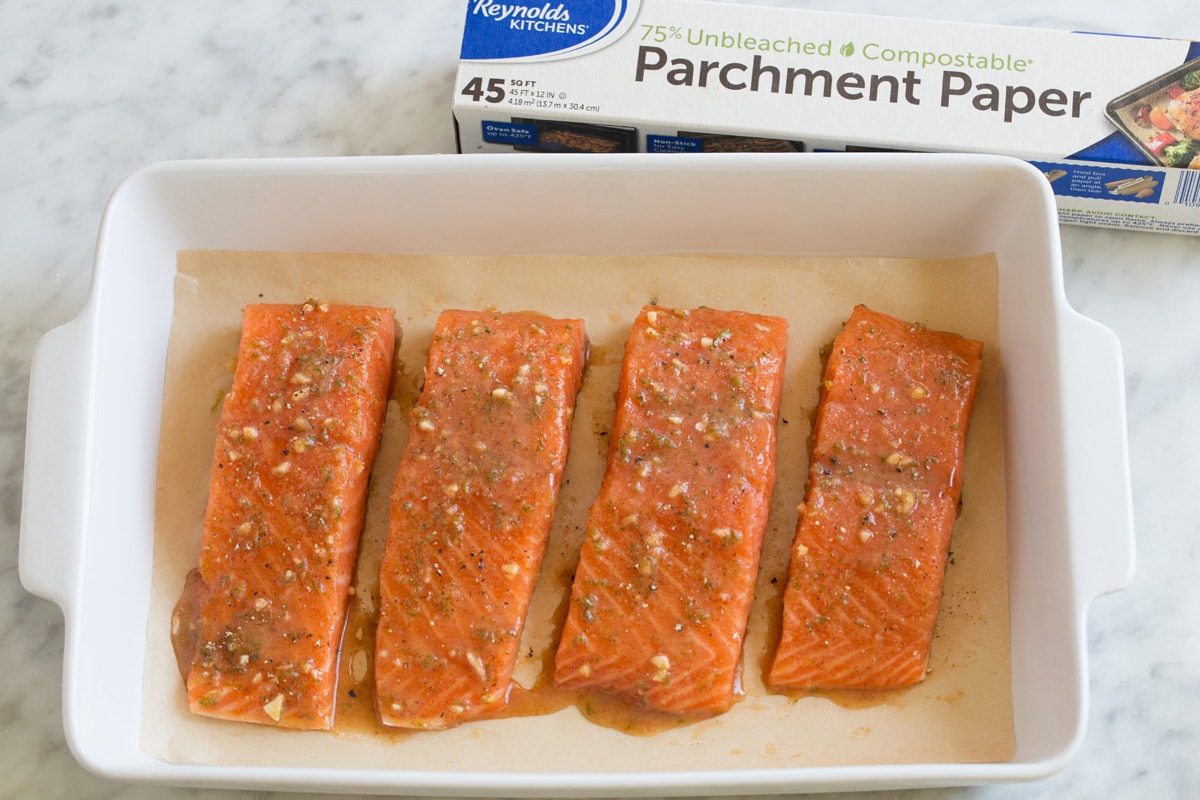 Salmon fillets in baking dish, shown before baking.