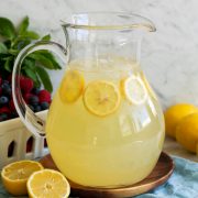 Lemonade in a large glass pitcher.