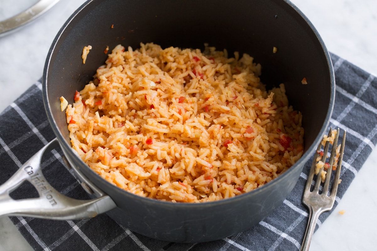 Mexican rice in a saucepan once finished.