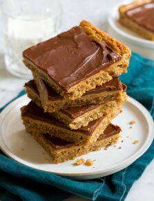 Stack of homemade peanut butter bars with chocolate frosting on a white plate over a teal colored cloth.