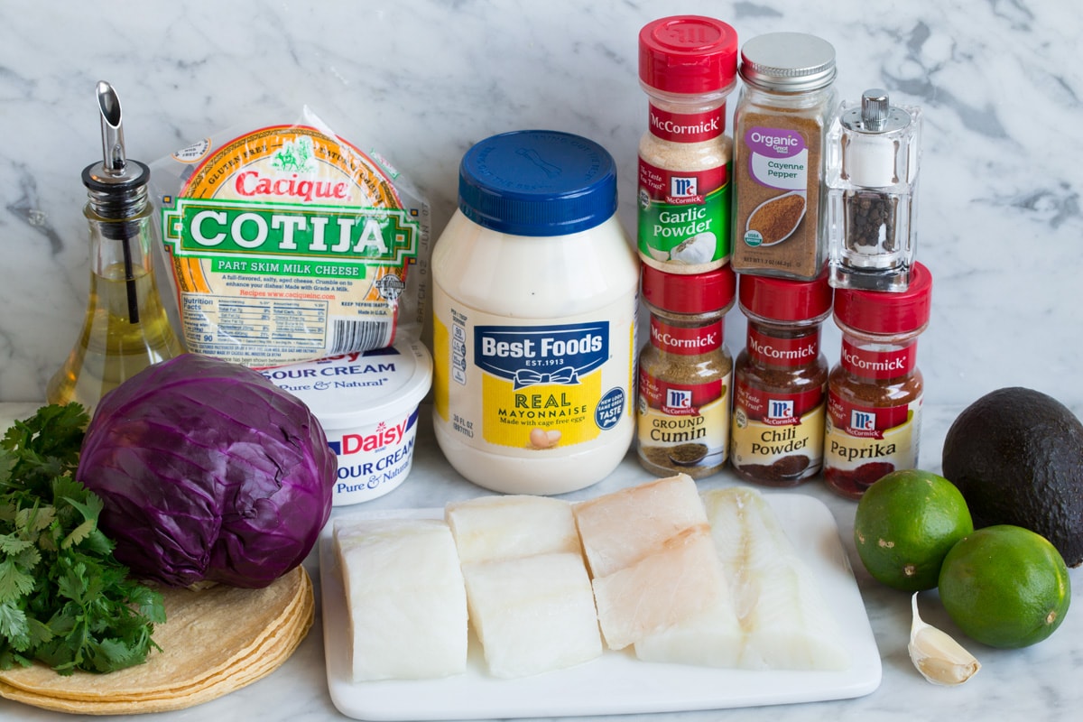 Ingredients in fish tacos.
