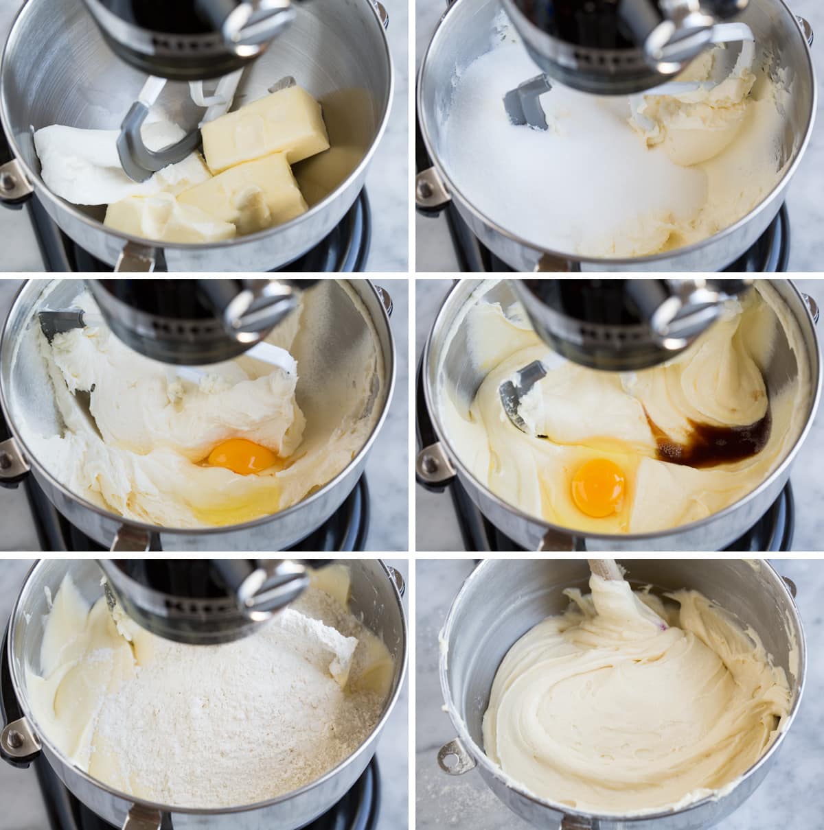 Showing steps of making pound cake batter in an electric stand mixer bowl.