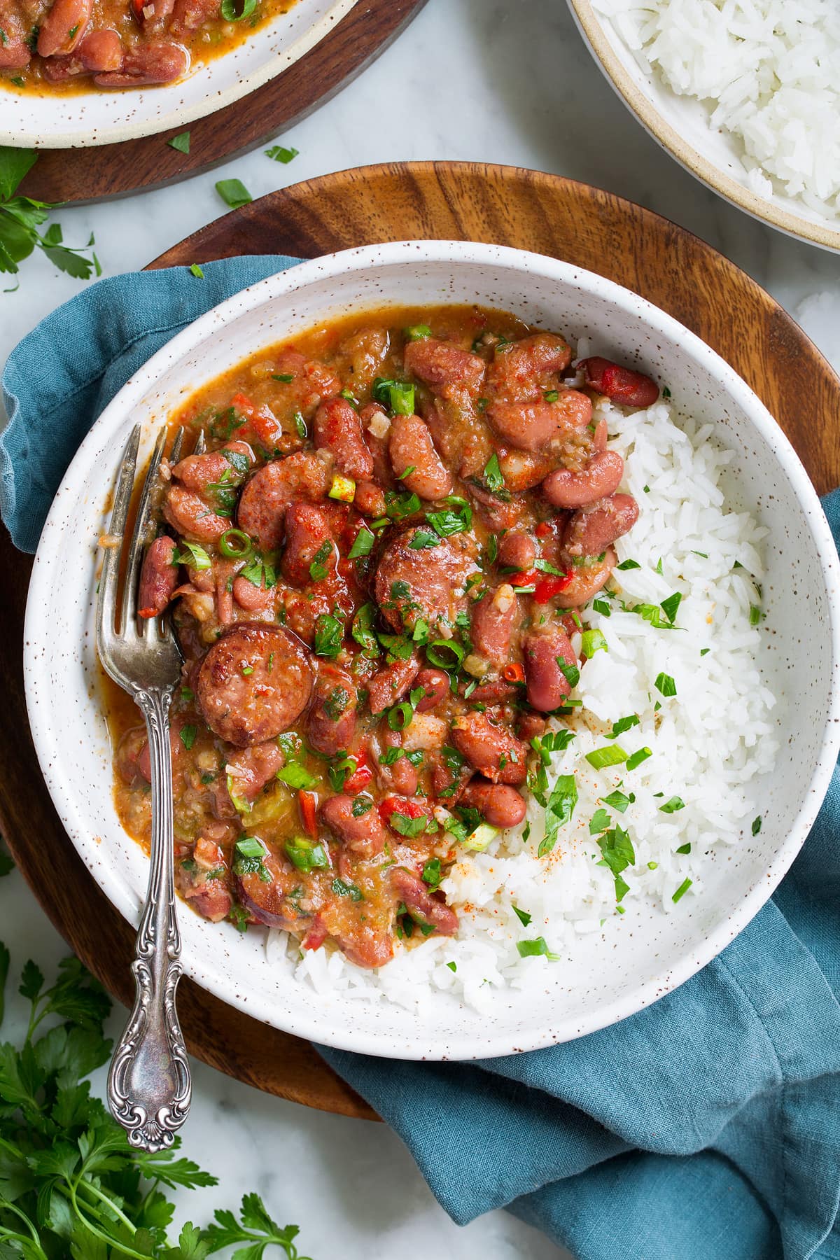 Red beans and rice in a large single serve bowl.