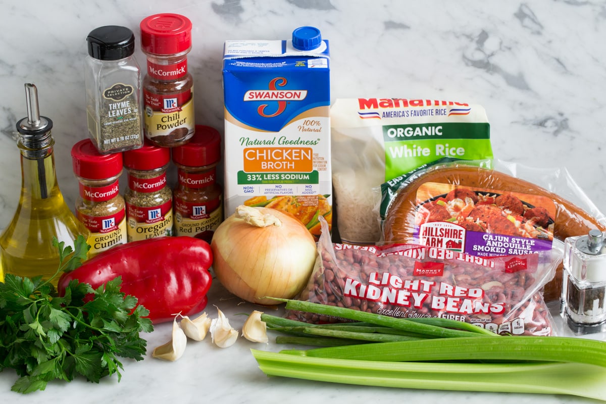Ingredients to make red beans and rice
