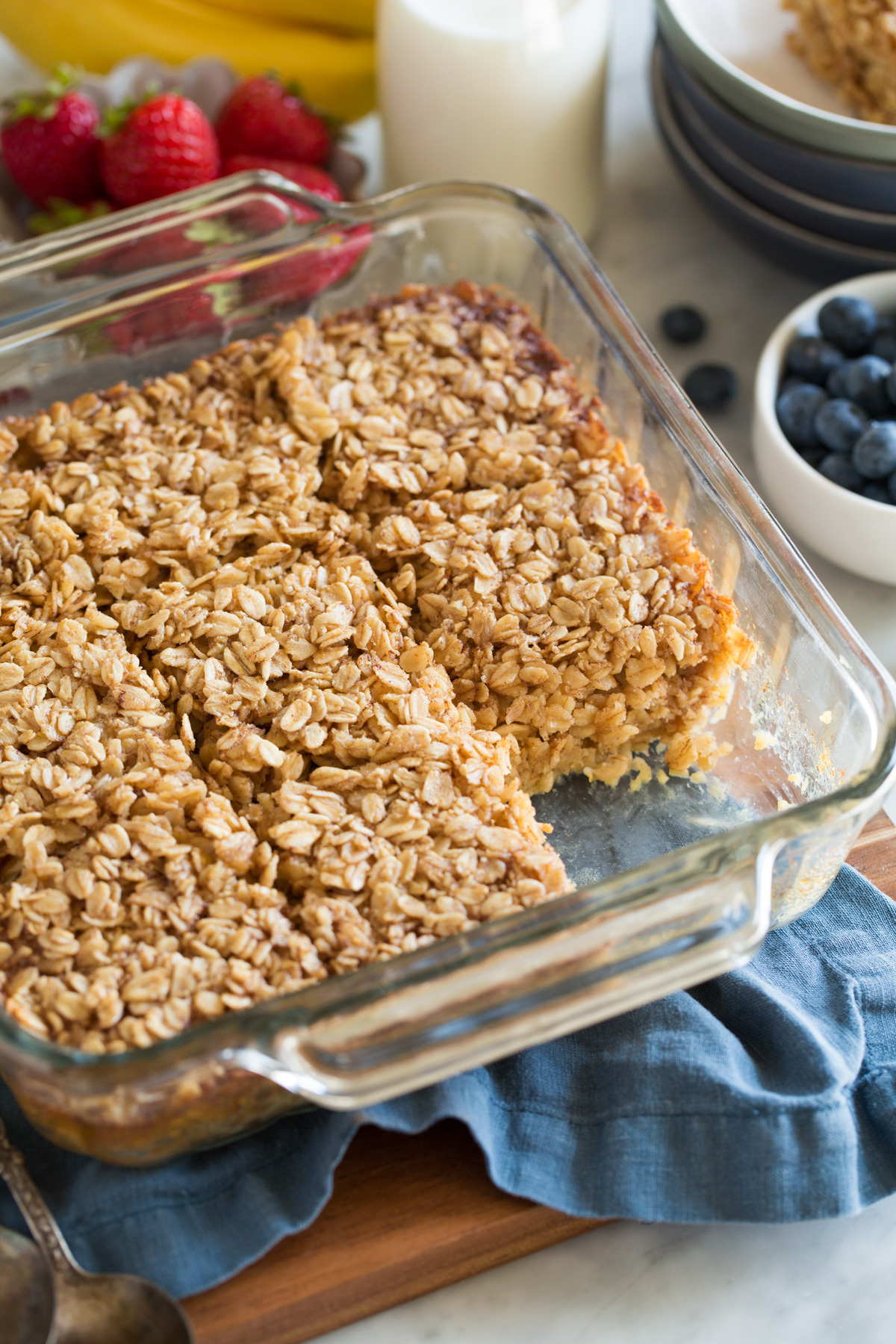 Baked oatmeal in a glass baking dish.