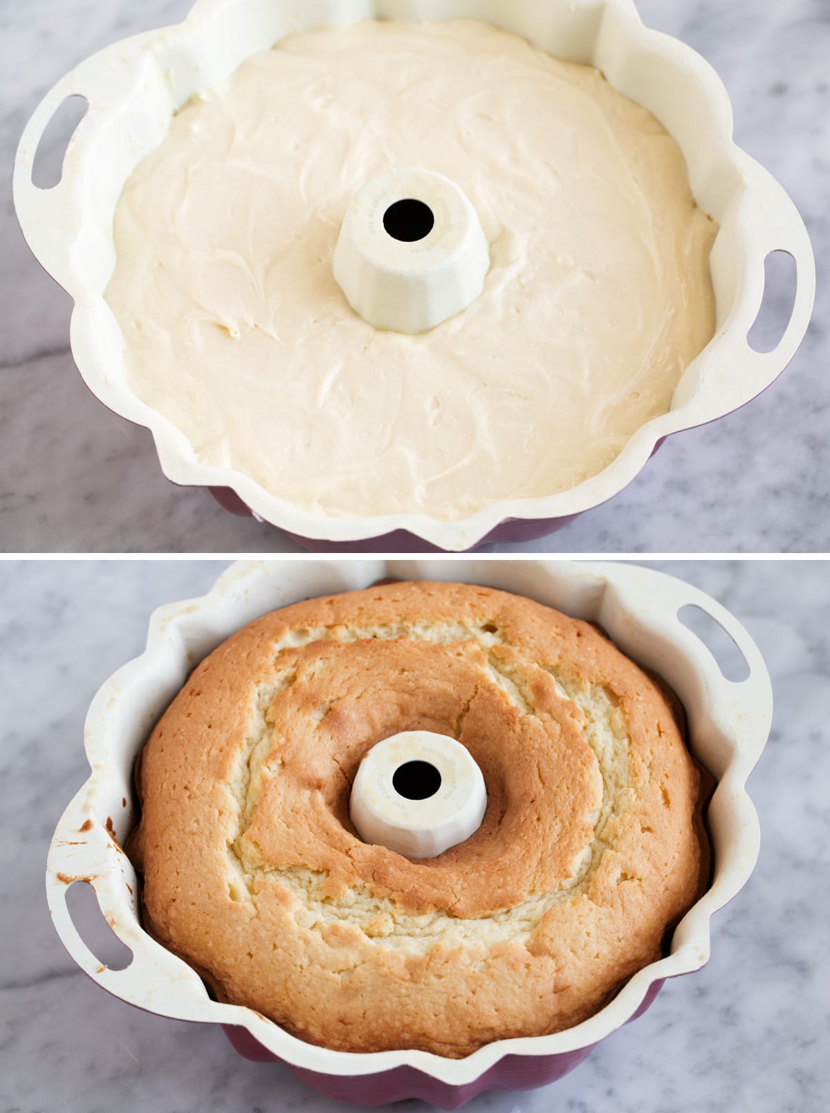 Pound cake batter in a bundt pan before and then shown after baking.