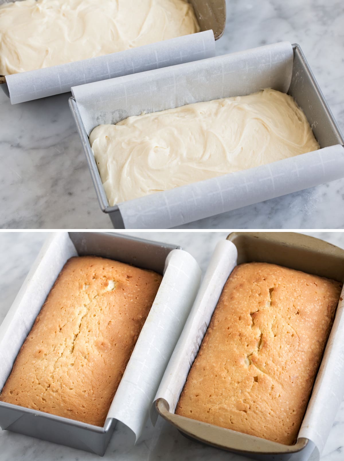 Pound cake batter in two parchment paper lined loaf pans before baking then shown after baking.