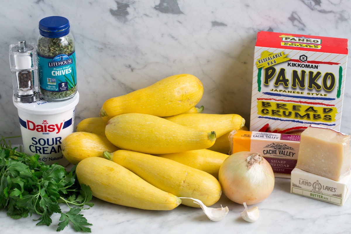 Ingredients needed to make squash casserole shown here.