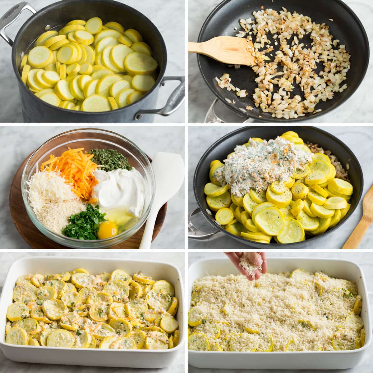 Steps showing how to make squash casserole.