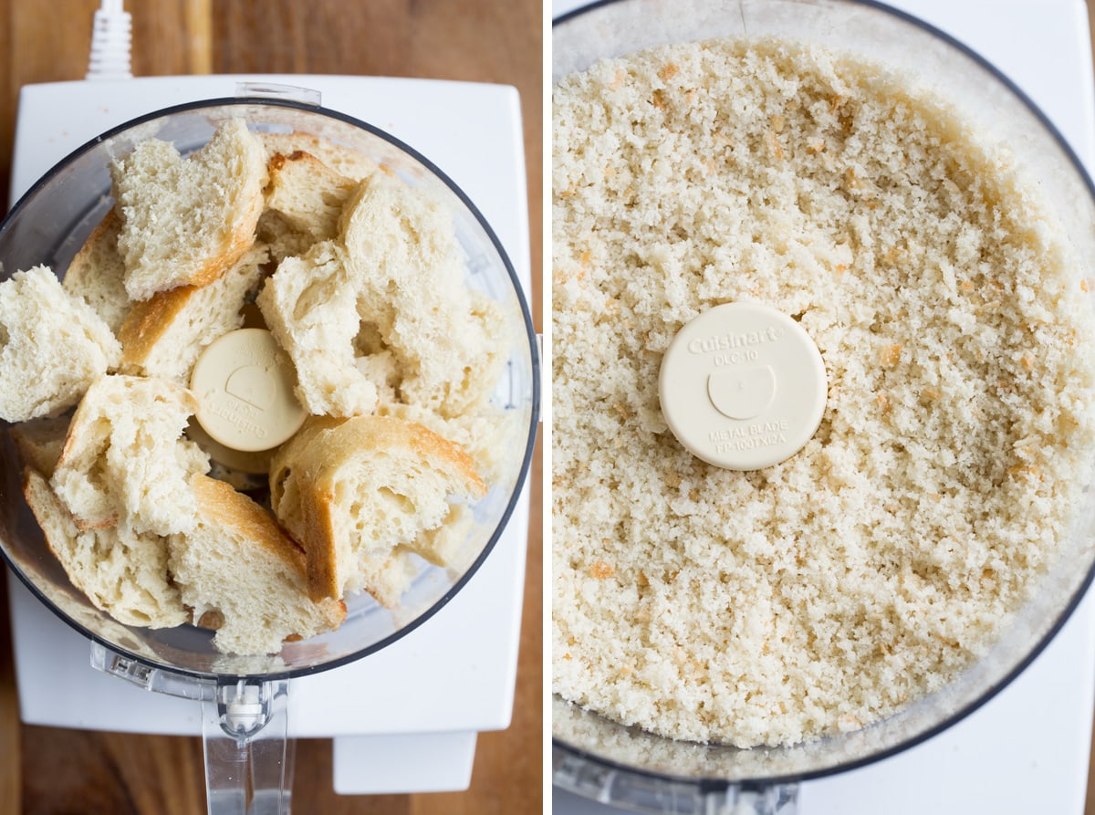 Bread cubes and crumbs in a food processor.