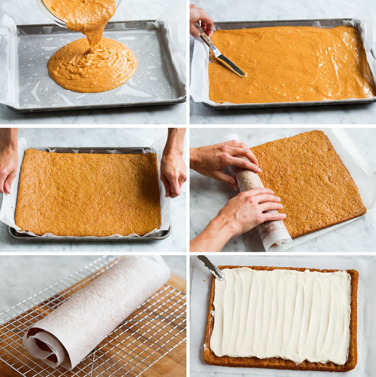 Showing how to prep a pumpkin roll in a jelly roll pan for baking. Then showing how to roll and frost it.