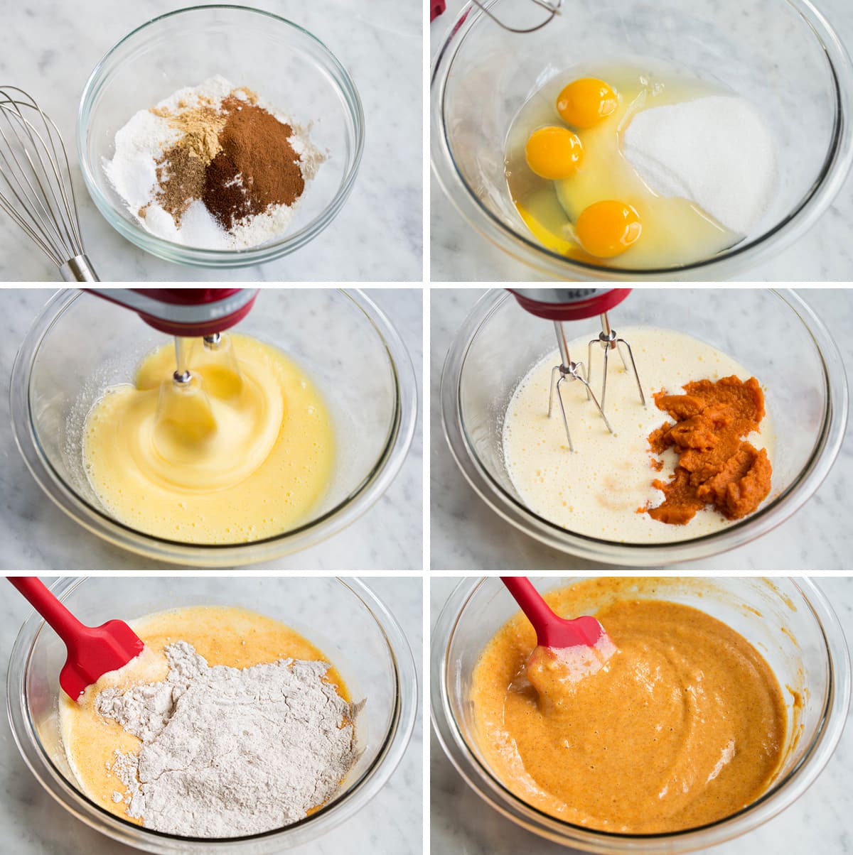 Showing steps of how to make a pumpkin roll. Mixing ingredients in a glass mixing bowl with an electric mixer and spatula.