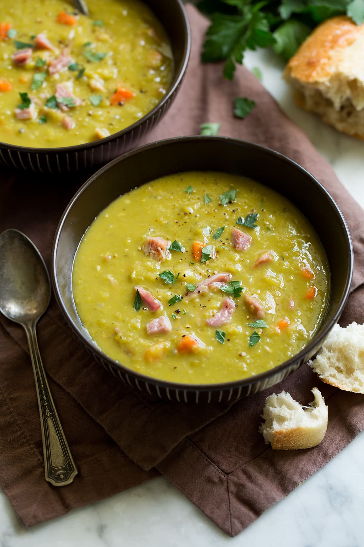 Split pea soup in a serving bowl.