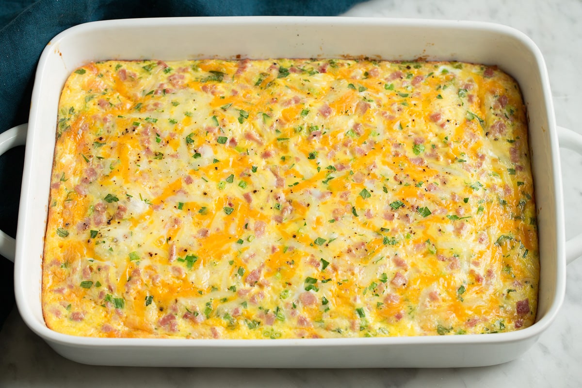 Egg casserole shown finished after baking.