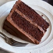 Slice of Chocolate Cake on a white dessert plate.