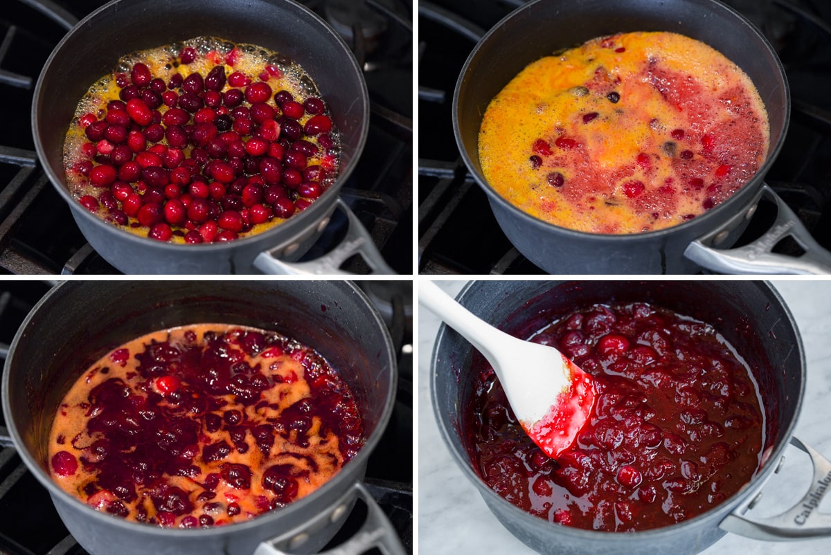 Stages of cranberry sauce simmering on stovetop shown here.