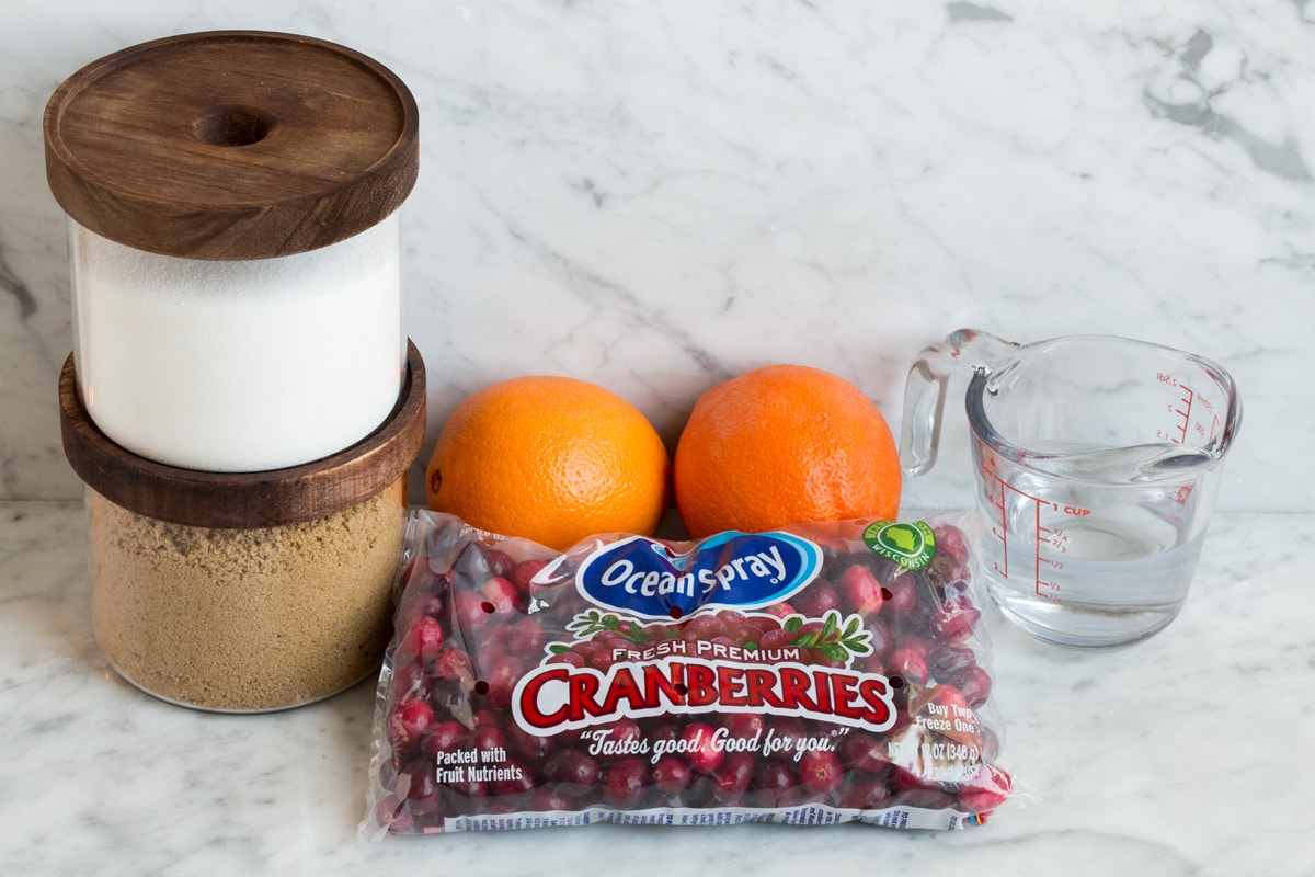 Ingredients needed to make cranberry sauce shown here.