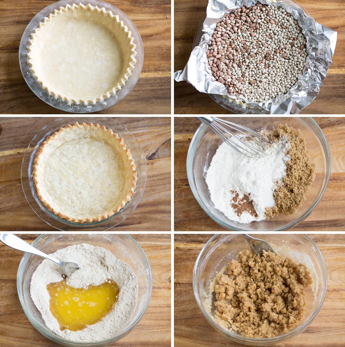 Showing steps to make a dutch apple pie including how to blind bake the crust, and make the crumb topping.