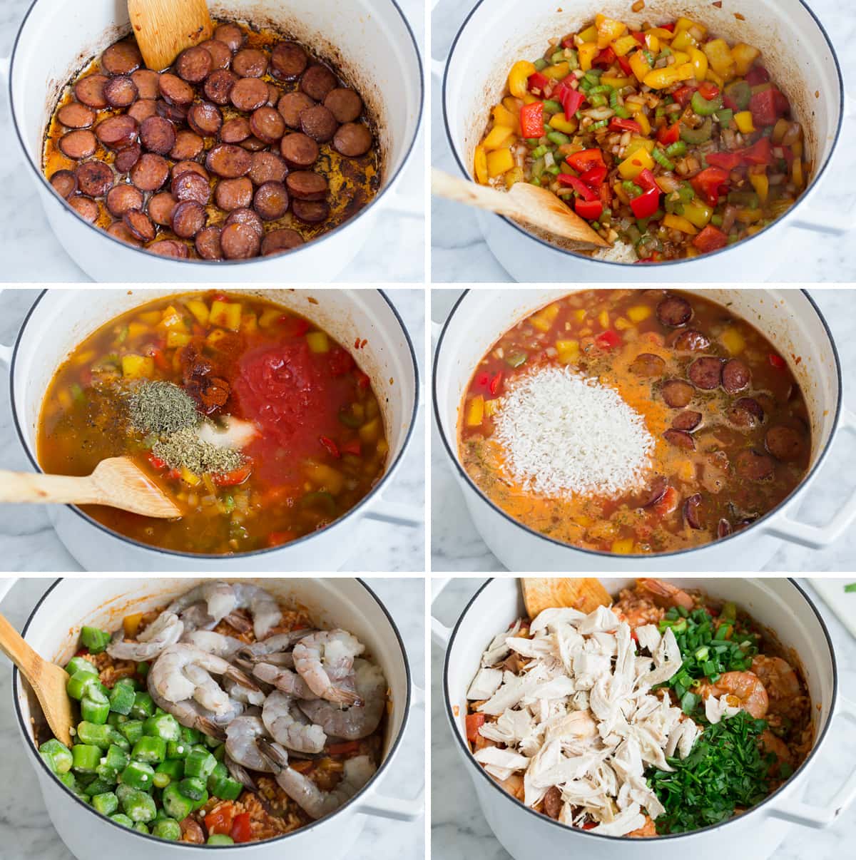 Steps to making Jambalaya in a pot.
