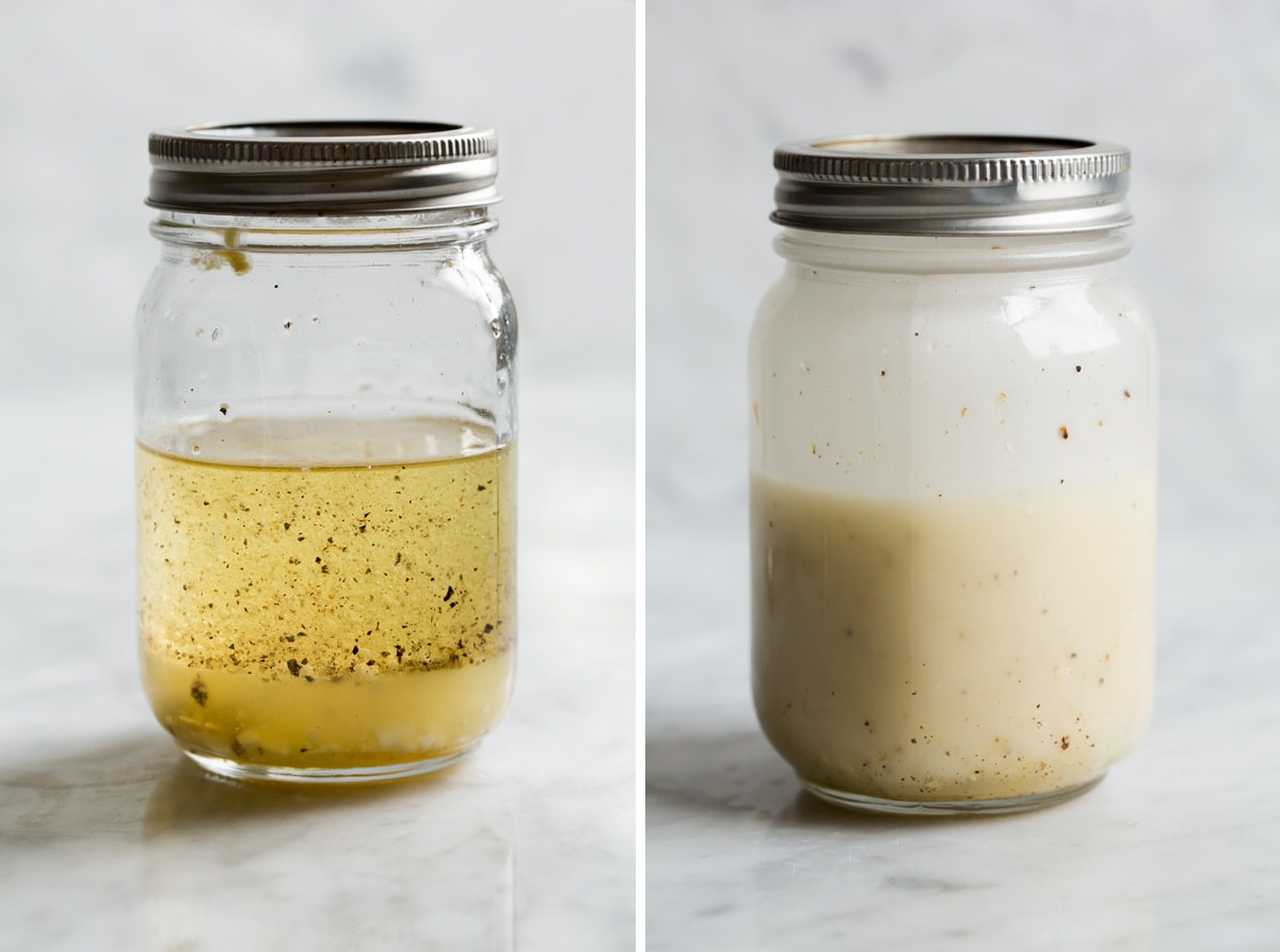 Lemon vinaigrette dressing in a glass jar shown before and after mixing.