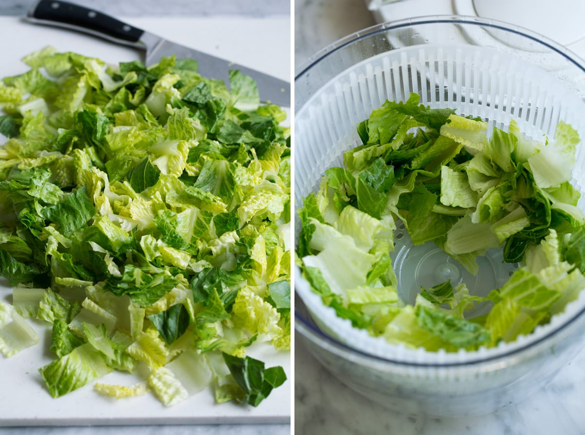 Chopping lettuce and spinning in a salad spinner.