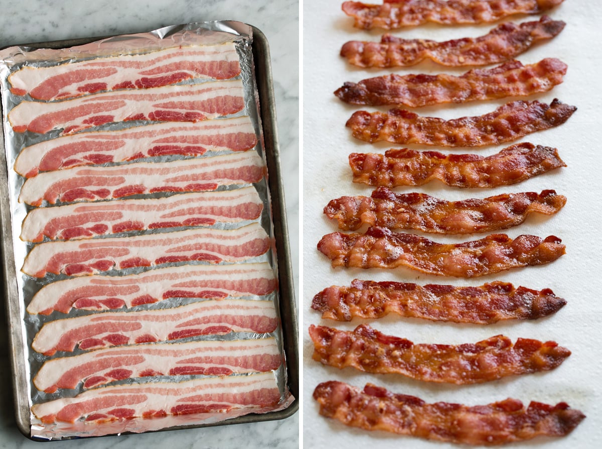 Strips of bacon on a foil lined baking sheet shown on the left then on the right bacon strips are cooked and sitting on a paper towel to drain.