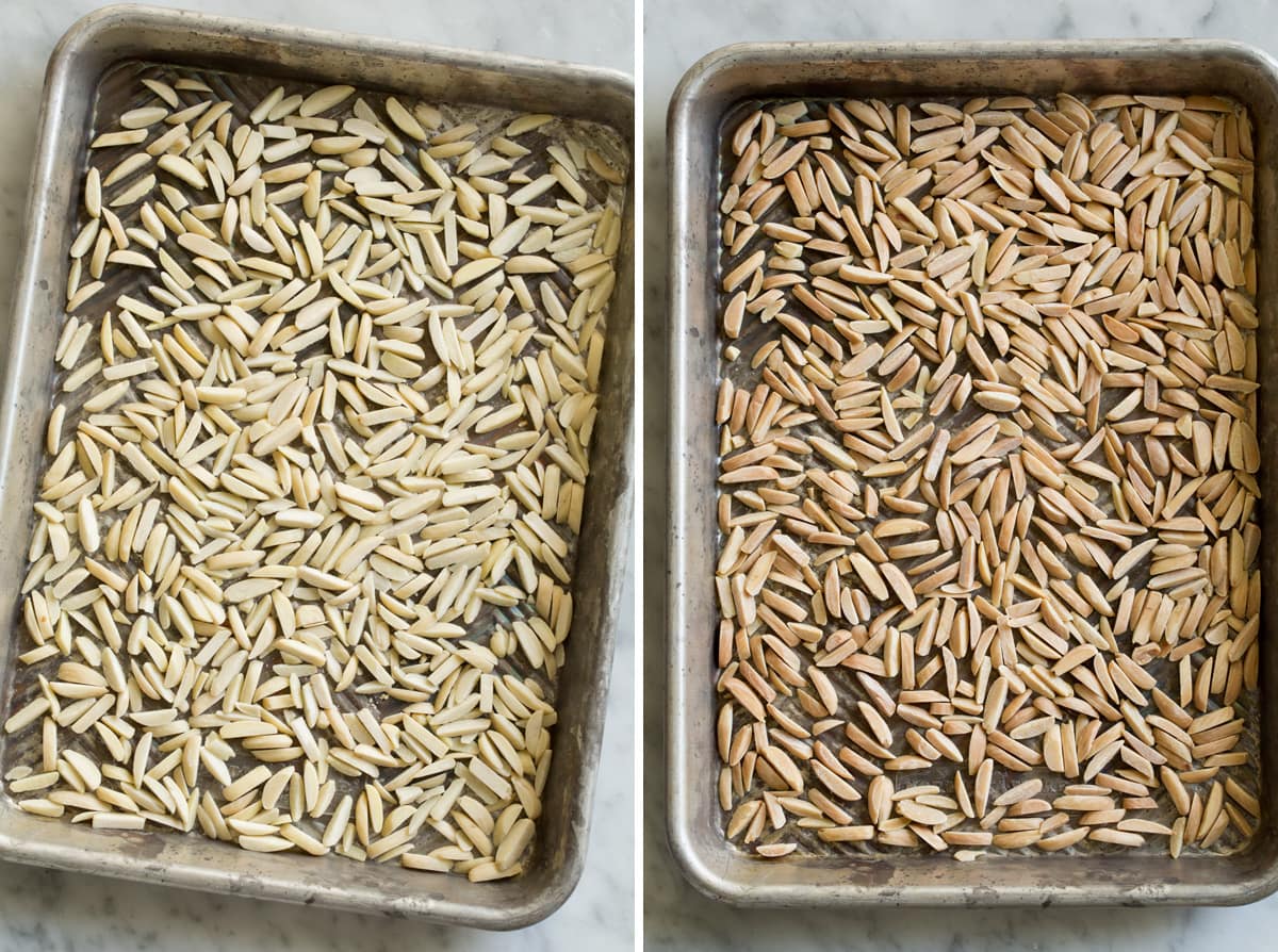 Slivered almonds on a small baking sheet shown before and after toasting.