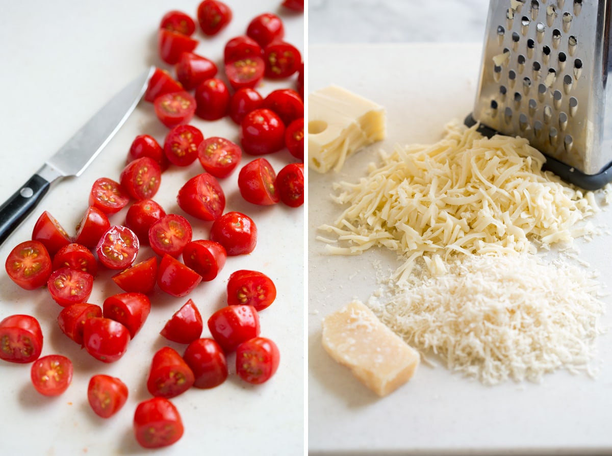 Chopping grape tomatoes in half on left side of image, second image on right shows shredding cheeses.