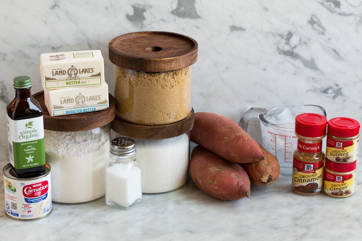 Ingredients for sweet potato pie and pie crust.