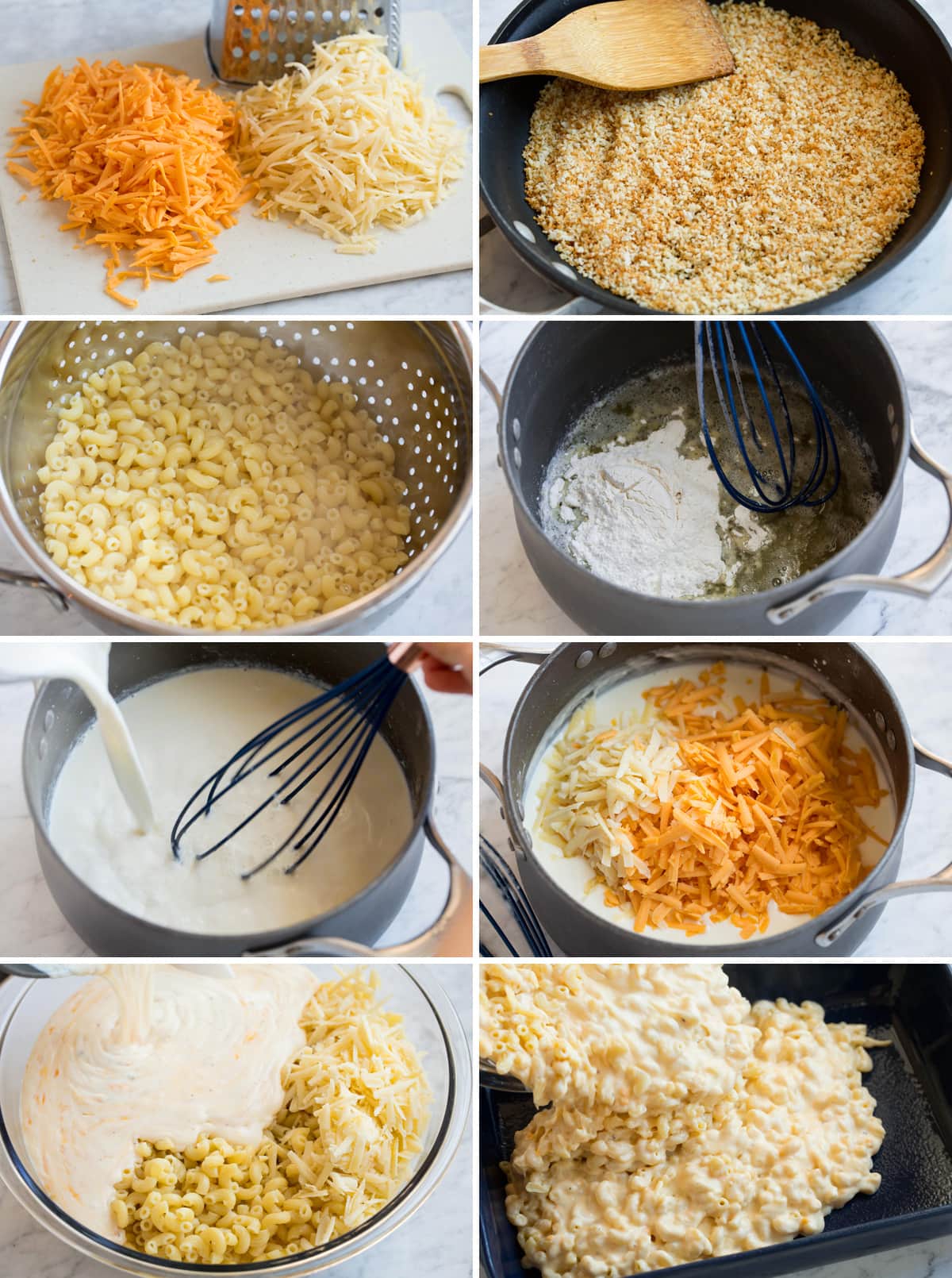 Baked Macaroni and Cheese Showing steps to make baked macaroni and cheese.