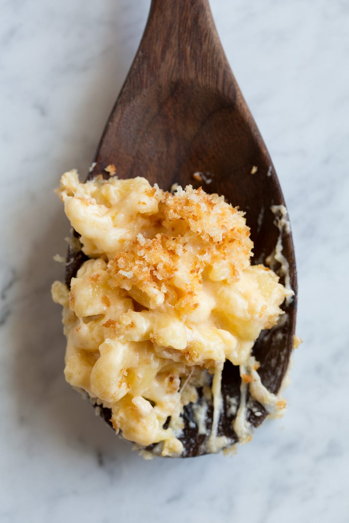Baked Macaroni and Cheese Close up image of scoop of macaroni and cheese topped with toasted panko bread crumbs.