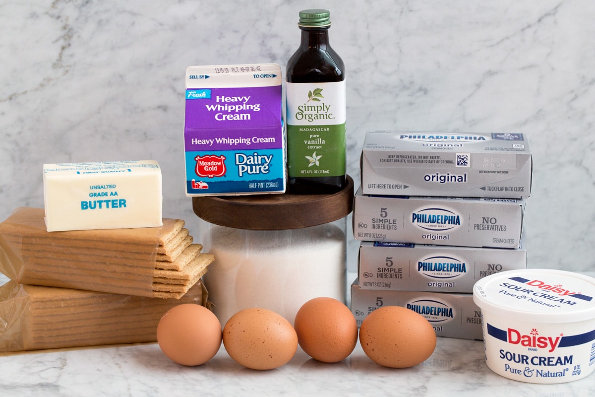 Ingredients needed to make the best cheesecake.