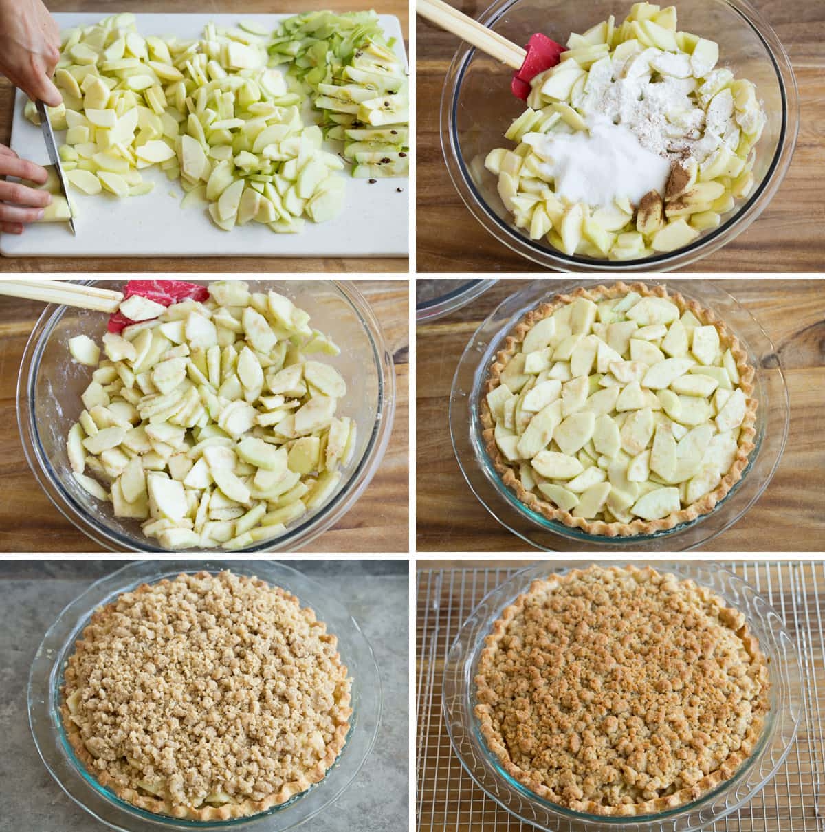 Showing how to prepare apple filling for dutch apple pie, and assembling pie.