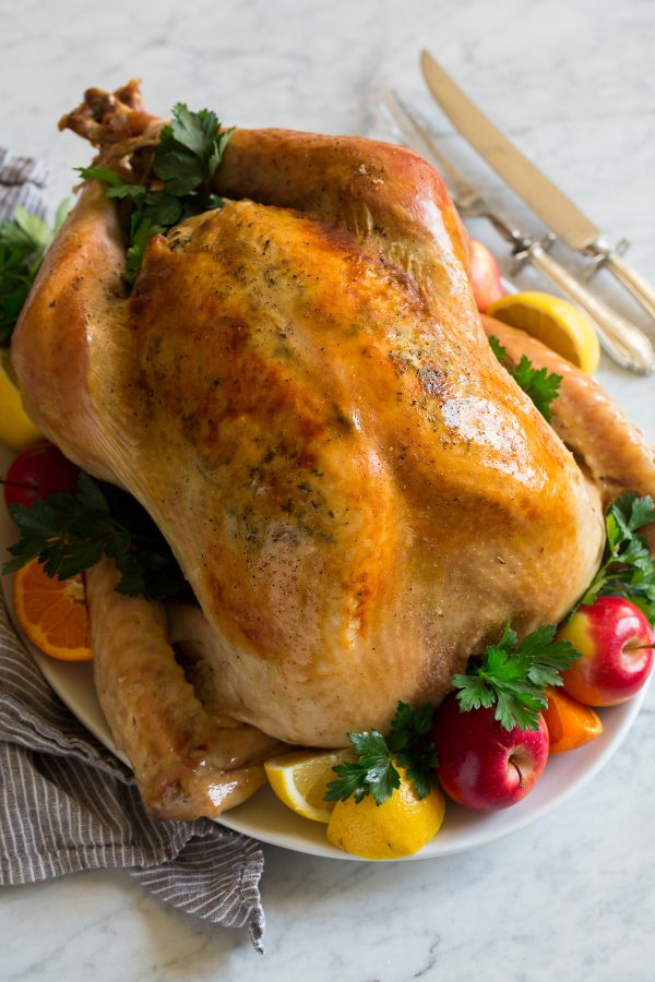 Oven bag cooked turkey on a platter garnished with fruit and herbs.