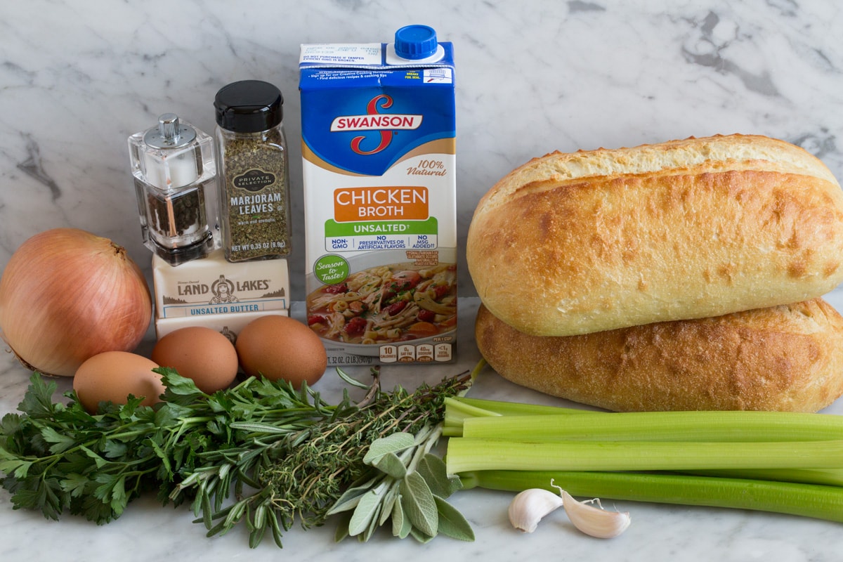 Ingredients needed to make stuffing from scratch shown here.