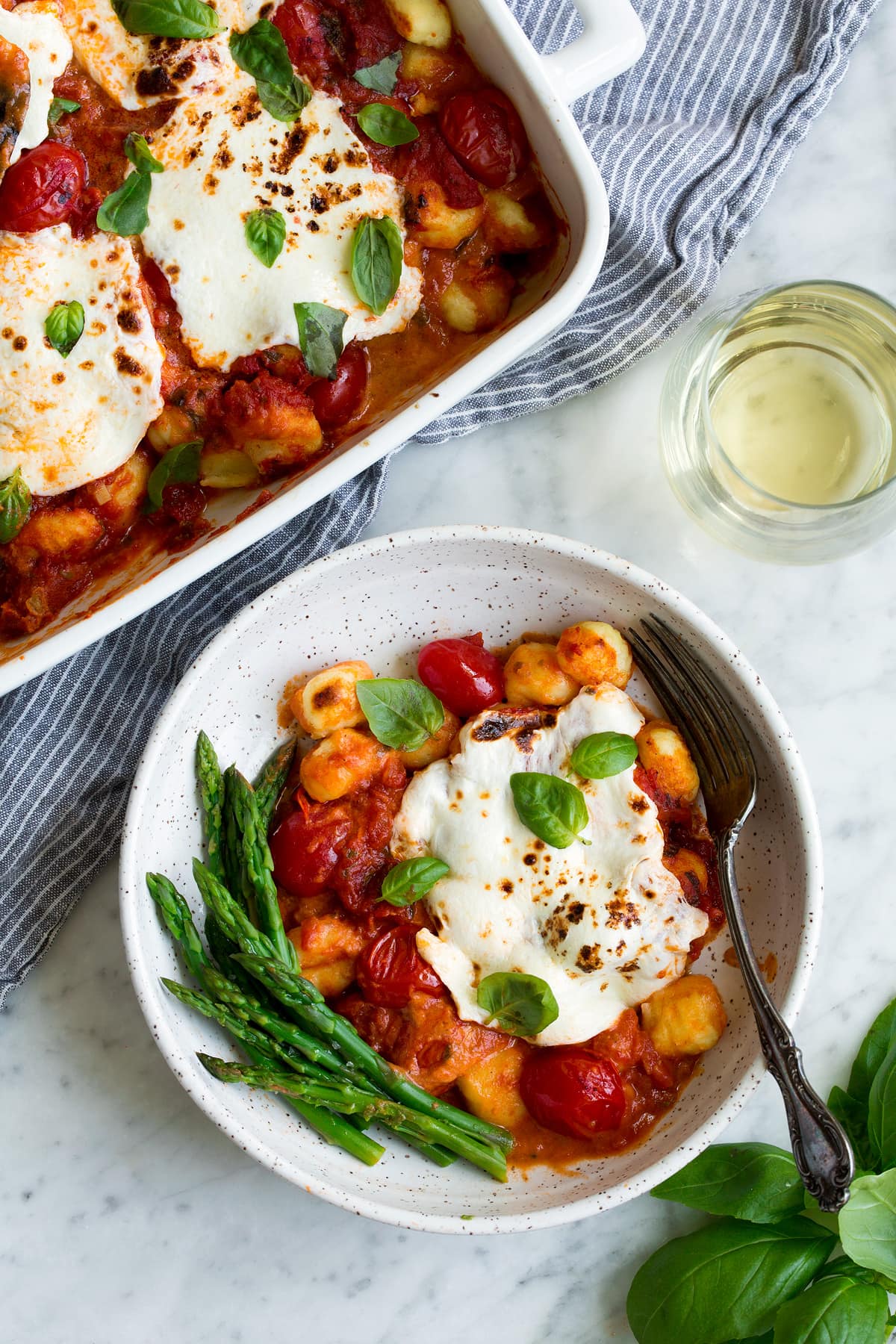 Baked Gnocchi Serving of baked gnocchi in a pasta bowl.