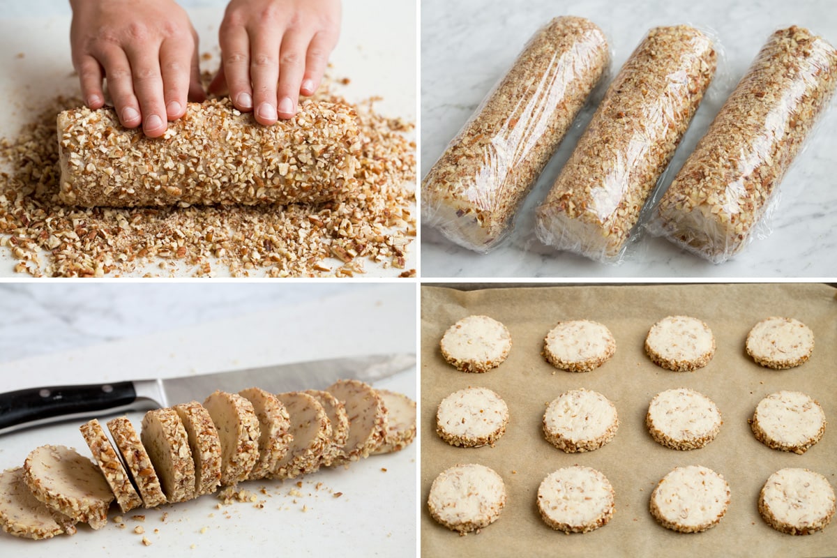 Cream Cheese Pecan Cookies Image showing steps to rolling and slicing and baking cream cheese pecan cookies.